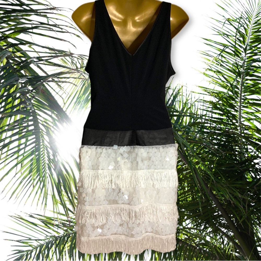 Robbie B Sequined fringe sleeveless black & white deepV mini dress roaring 20s M